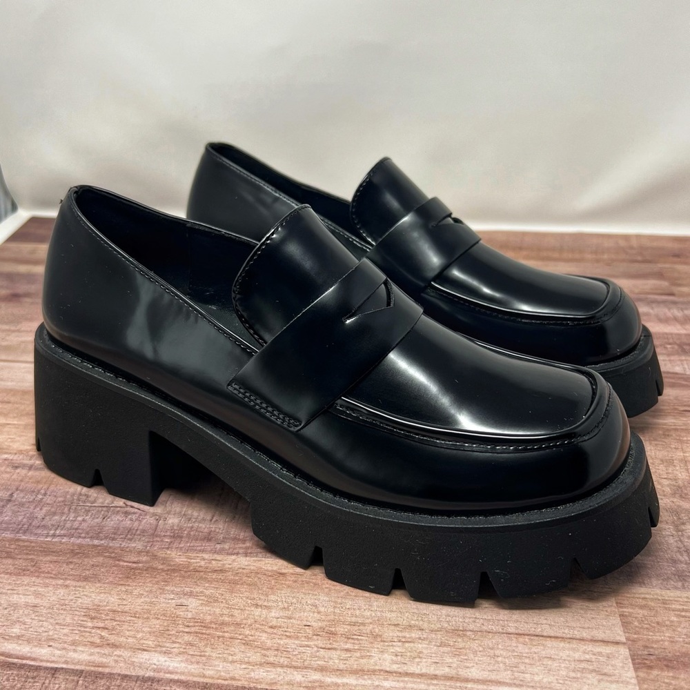 Madden Girl Kassidy Chunky Platform Women 9.5  Slip On Faux Patent Leather Black